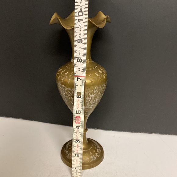 Brass Round Upright Vase Floral Etching’s India Table Top 10”H - Picture 3 of 12